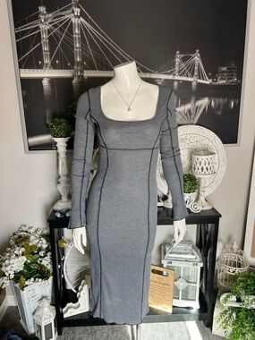 Darker Wavs (Dolls Kill) Gray Ribbed Contour Knit Midi Dress Square Neck Size S